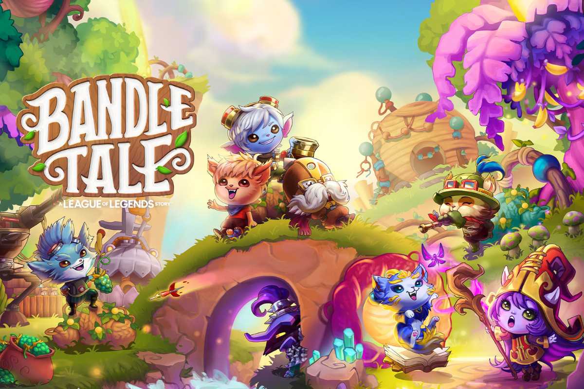 Bandle Tale a League of Legends Story. Banner de divulgação do jogo de RPG Bandle Tale: a League of Legends Story. Em meio a uma floresta mágica, diversos champios de Lol aparecem ao lado do título do game.