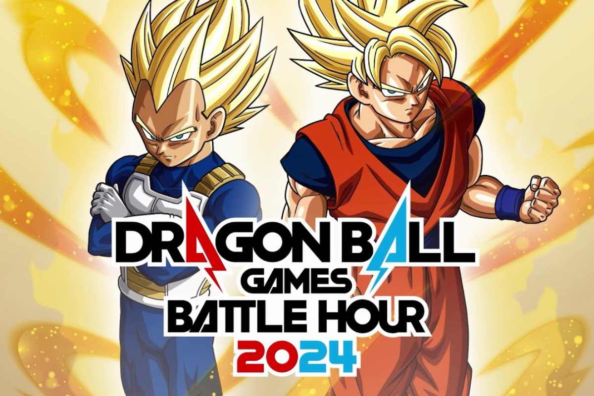 Banner de divulgação do evento Dragon Ball Games Battle Hour. Nele, Goku e Vegeta estão lado a lado na forma de super saiyajin, com expressões de fúria e pose de combate. Sobrescrito está o título do evento.