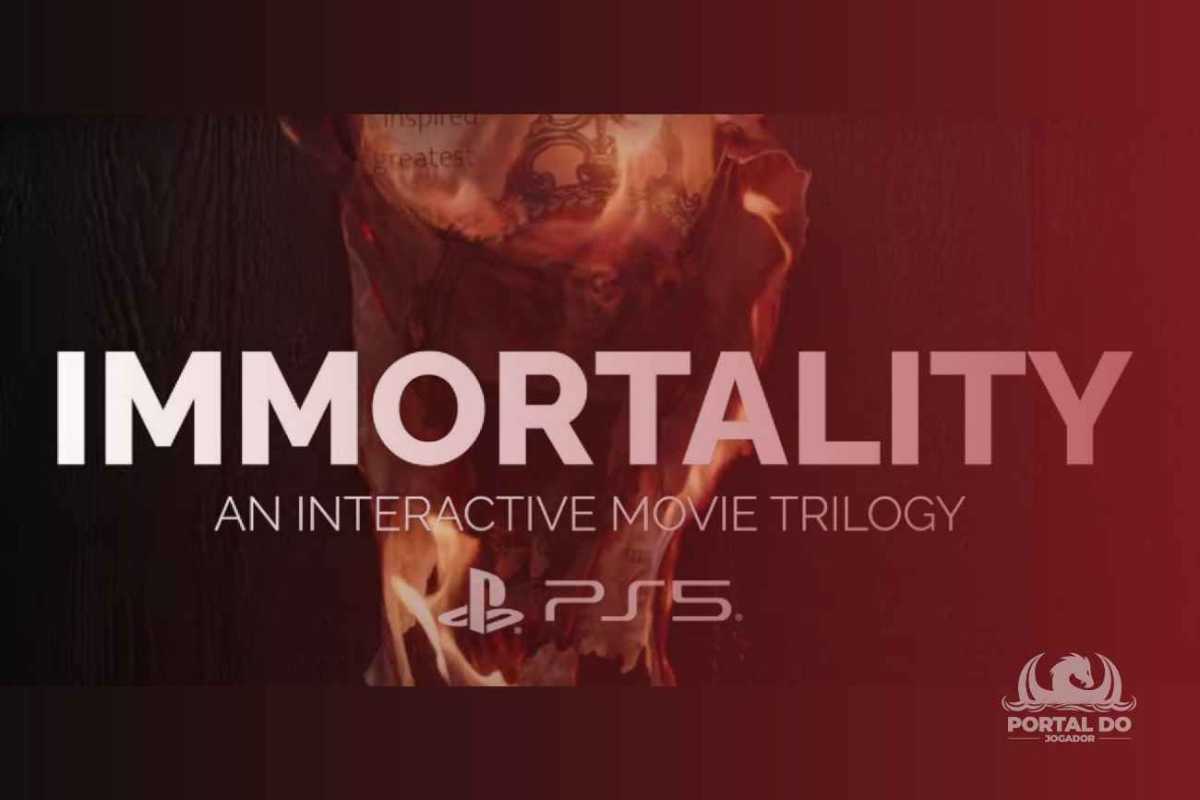Pôster do game Immortality, no qual um papel está em chamas. Sobreposto à imagem, está escrito Immortality an interactive movie trilogy. Logo abaixo está o logo do PS5.