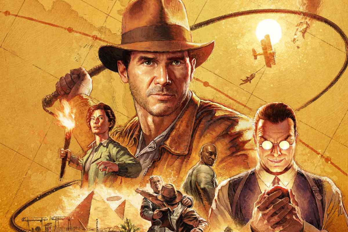 Pôster de divulgação do jogo Indiana Jones. Nele, há uma fotomontagem dos personagens em estilo cartoon, , com destaque para o protagonista no topo da imagem.