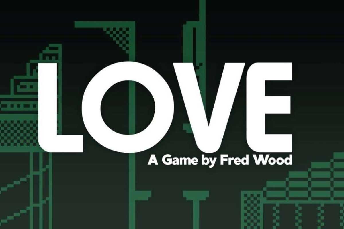 Banner do jogo Love, com a palavra Love em destaque na cor branca, ao fundo estão plataformas em formato pixelizado e um fundo esverdeado.