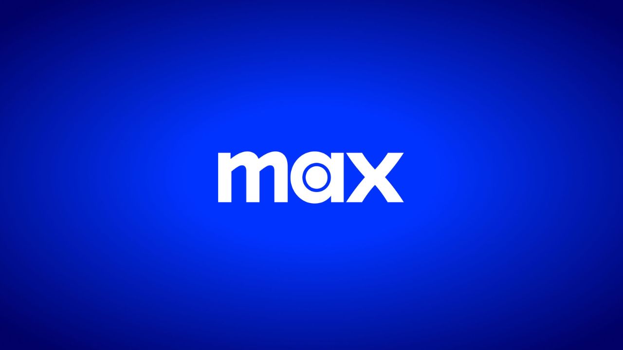 Banner da logomarca Max. Ao centro, o nome Max está em destaque na cor branca, o fundo por sua vez é inteiro na cor azul