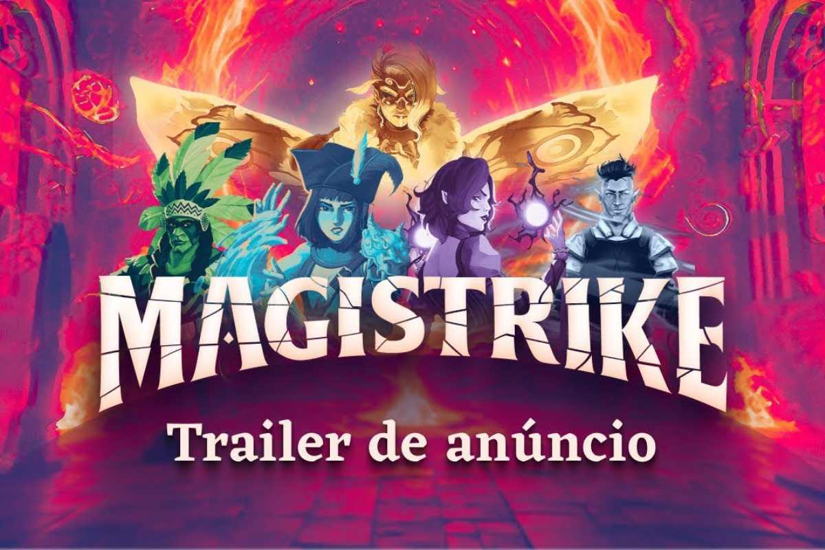 Thumbnail do trailer de anúncio do jogo Magistrike. Nela, os personagens estão reunidos em uma masmorra. No centro está o título do jogo e logo abaixo Trailer de anúncio.