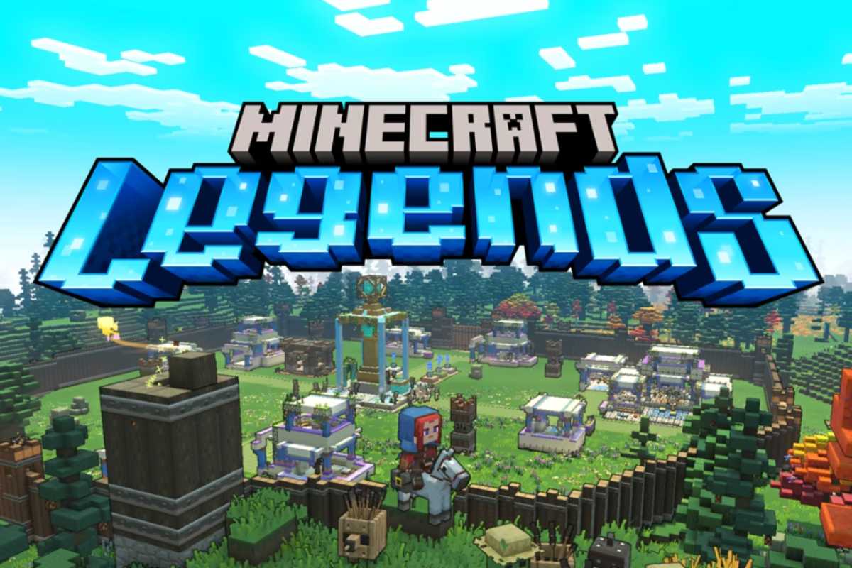 Pôster de divulgação de Minecraft Legends. Nele, há a vista aérea de uma cidade do jogo, com o titulo ao centro.