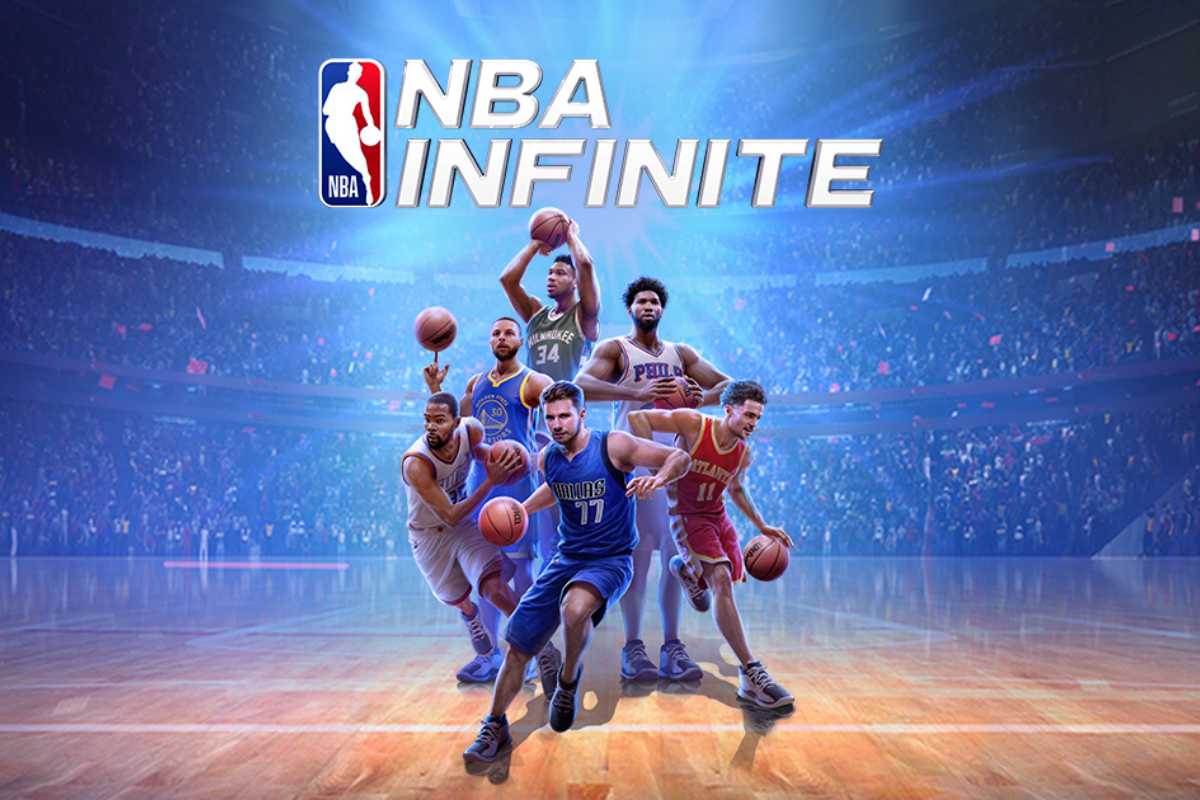 Diversos avatares de jogadores de basquete do game NBA Infinite em uma quadra. Ao fundo vê-se várias pessoas em uma arquibancada. No centro superior está o título do jogo.