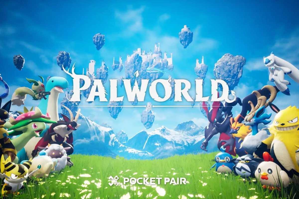 Pôster de divulgação do game Palworld. Nele, diversos Pals estão em posição de confronto, com o título do game ao centro.