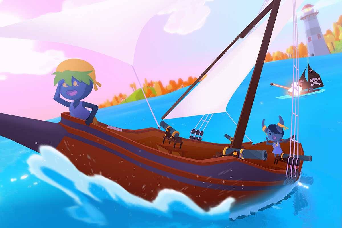 Pôster de divulgação do jogo Sail Forth, em que um garoto está um barco em alto mar.