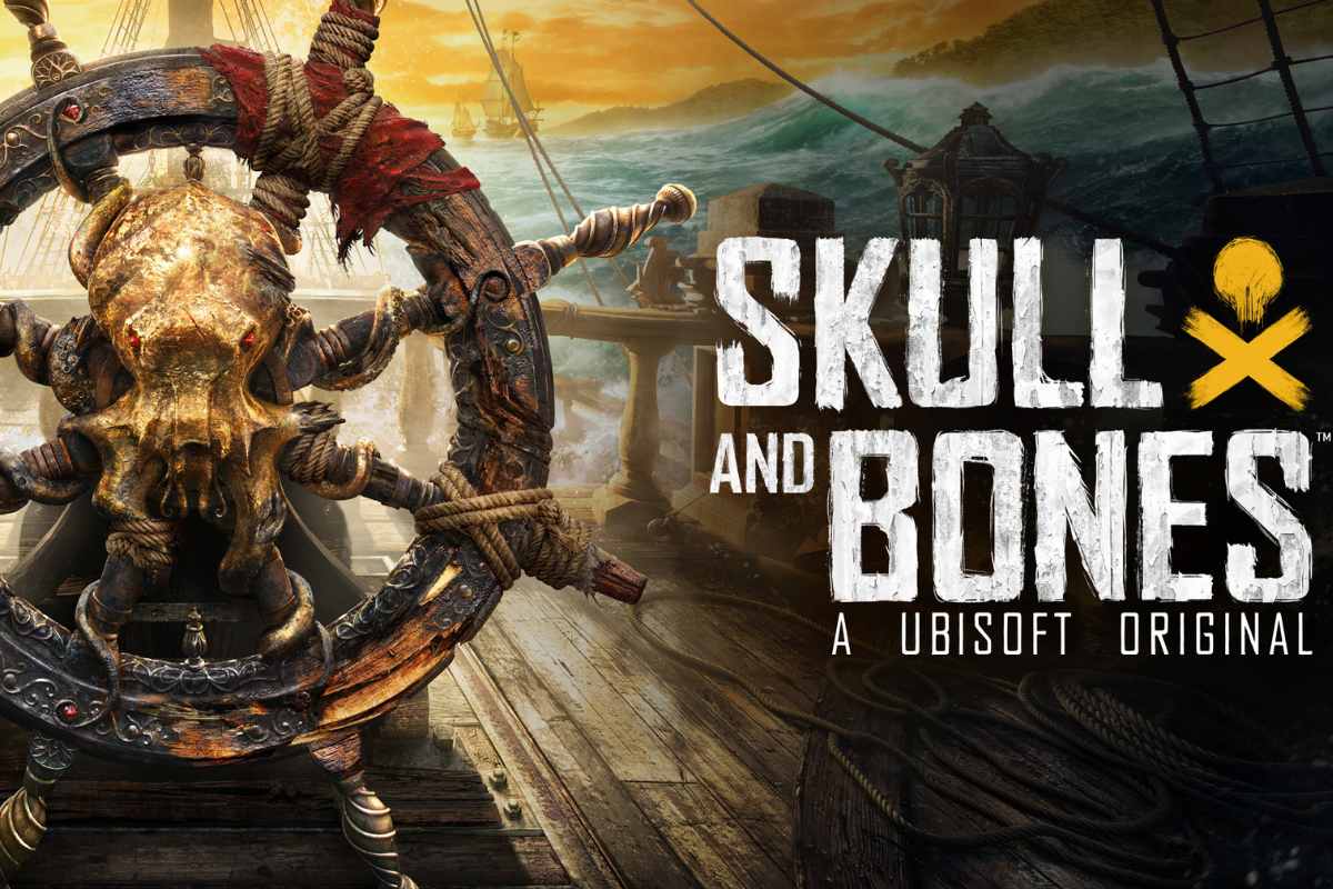 Pôster de divulgação do game Skull and Bones. Nele, à esquerda há um leme de navio com cabeça de polvo. À direita, está o título do game e a escrita A Ubisoft Original.