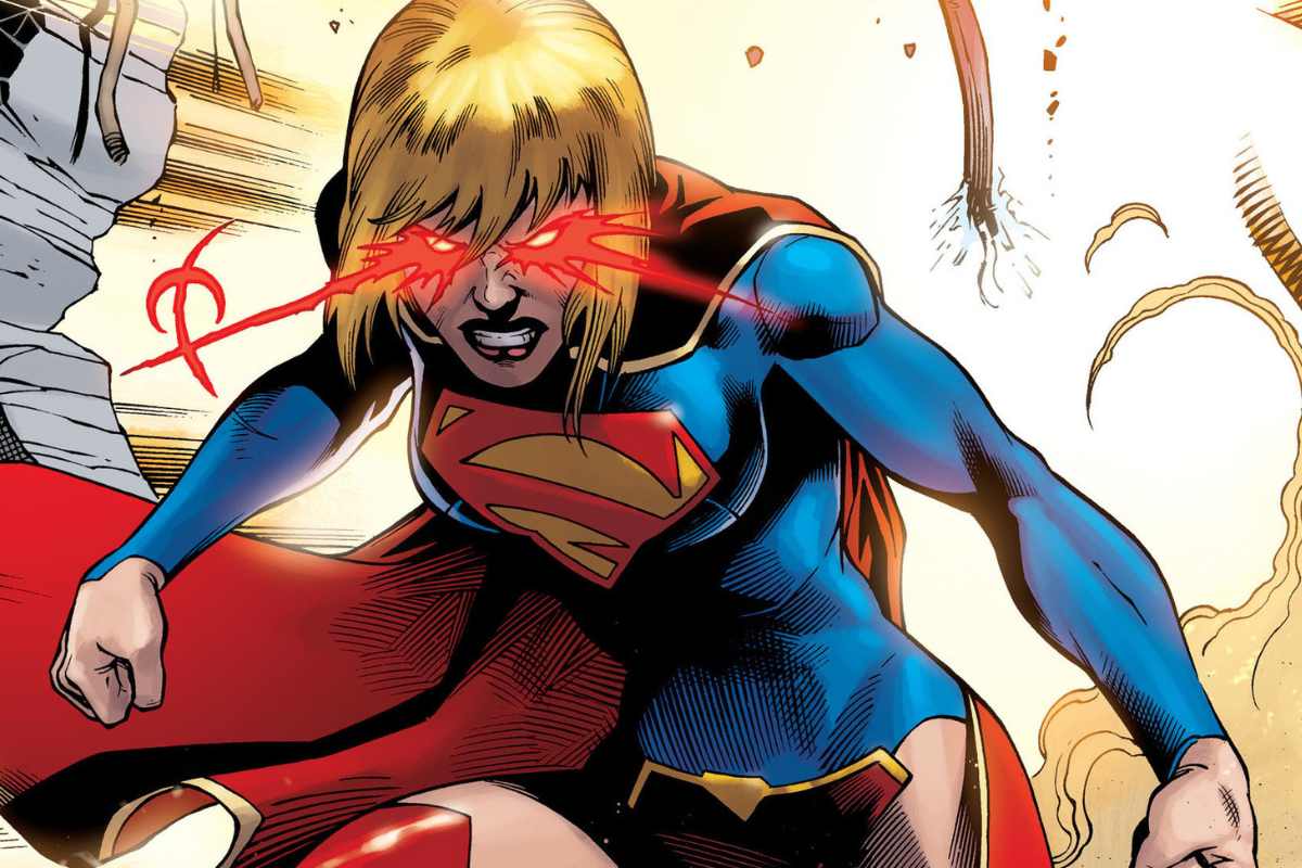 Ilustração da história em quadrinhos de Supergirl, na qual a heroína está uniformizada e soltando laser dos olhos.