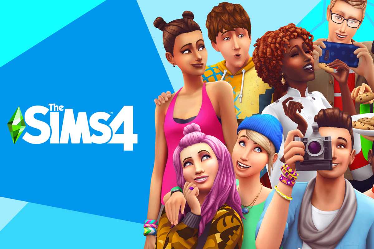 Pôster de divulgação do jogo The Sims 4. Nele, diversos sims diferentes estão no canto direito da imagem. À esquerda está o título do jogo.