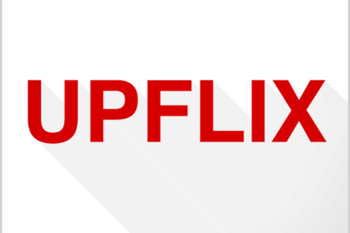 Logo da Upflix em um fundo branco. Trata-se da mesma fonte do logo da Netflix em vermelho.