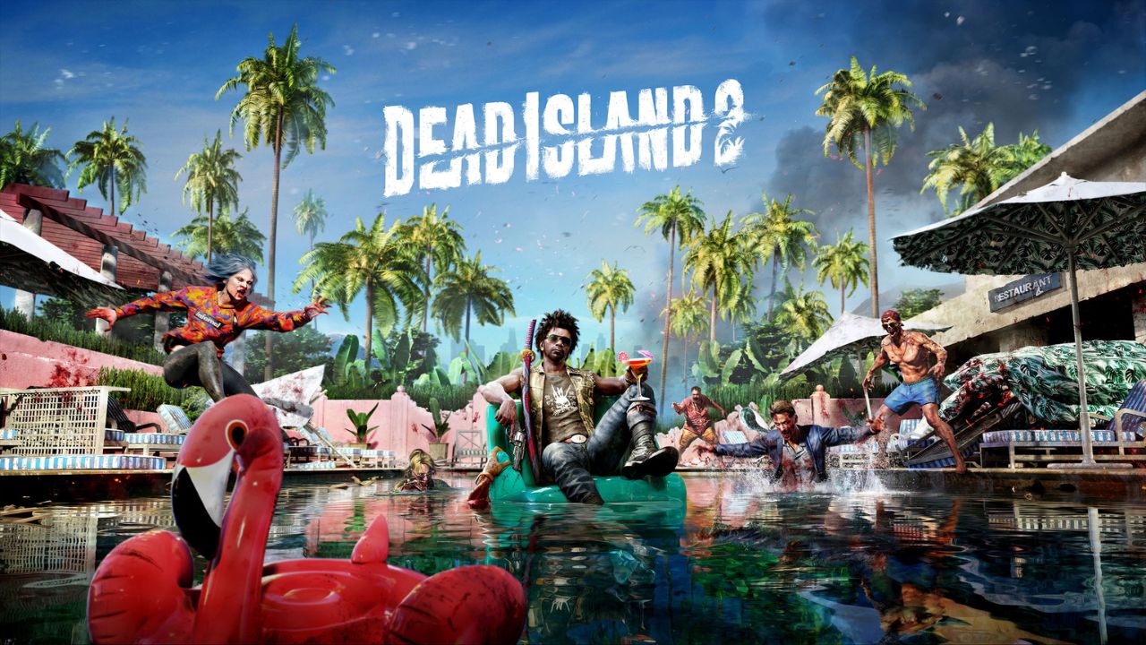 Banner de Dead Island 2. Ao centro, um homem está sentado em uma boia em uma iscina. Ao fundo, o cenário é um céu azul com palmeiras verdes ao redor