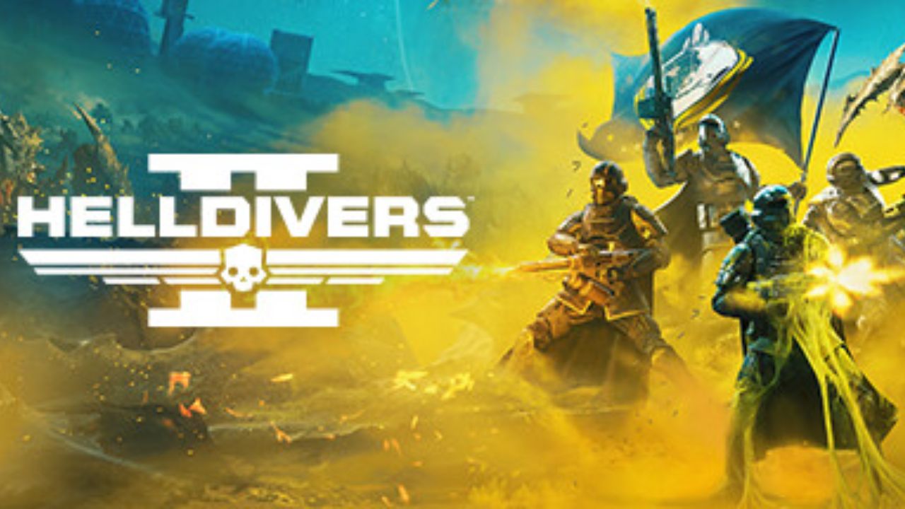 Banner de Helldivers 2, no centro está o título do game em letra branca. Ao lado, com um cenário amarelo, soldados estão com um armas em punho