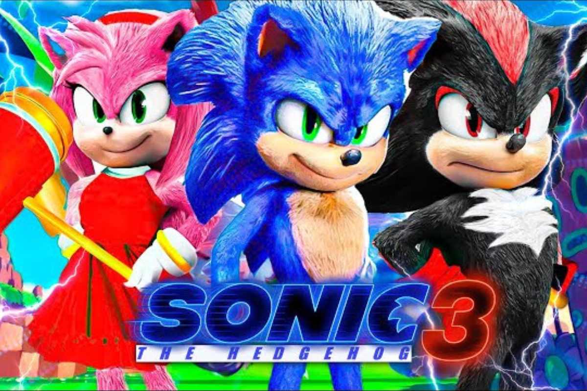 Pôster de divulgação do filme Sonic 3. Nele, estão, da esquerda para a direita, os personagens Amy, Sonic e Shadow. Sobreposto à imagem, está escrito o título do filme.