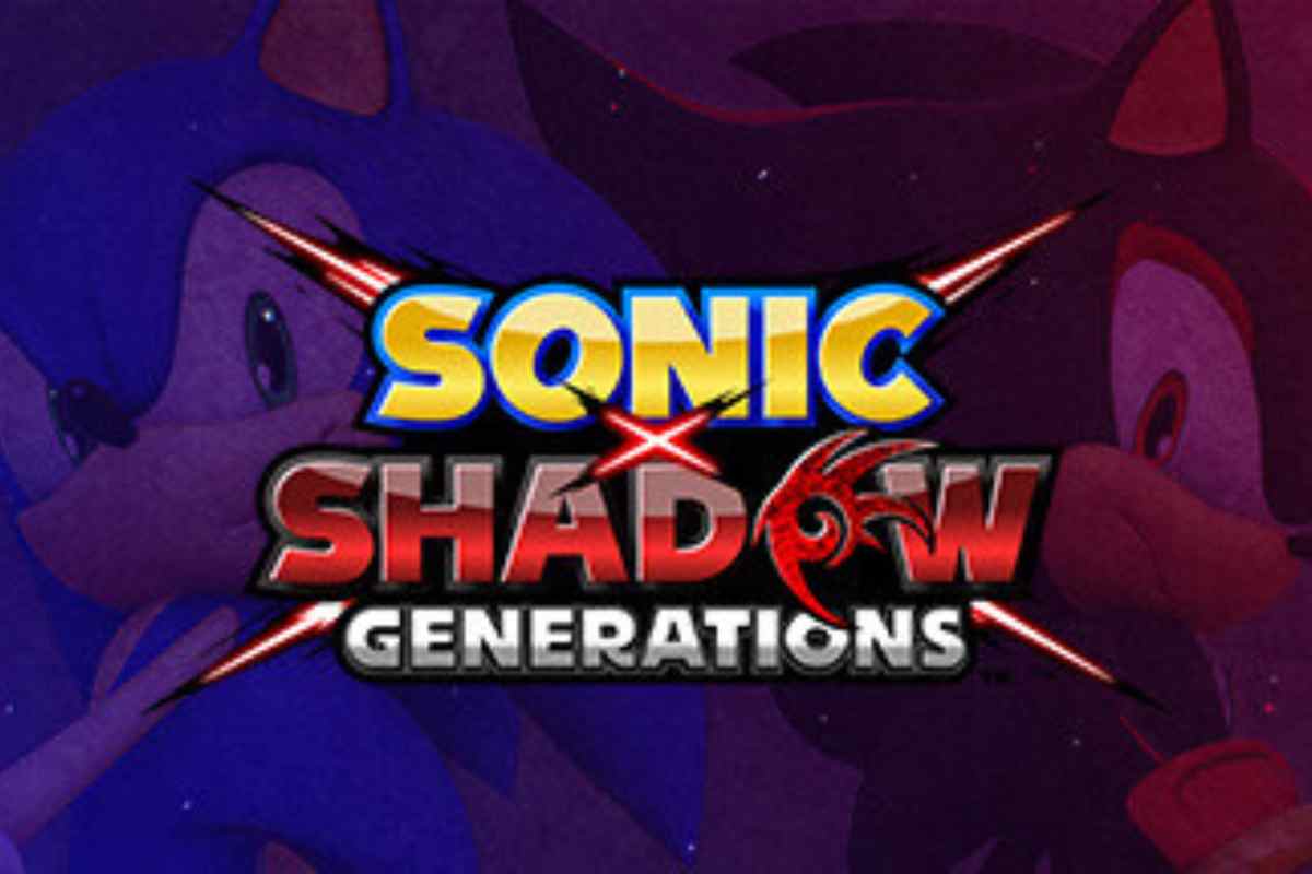 Pôster de divulgação do jogo Sonic X Shadow Generations. Ao centro, está o nome do jogo. Ao fundo, estão dispostos os personagens Sonic e Shadow.